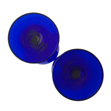 Load image into Gallery viewer, Detail of bottoms of vintage Libbey Premiere cobalt blue tall goblets
