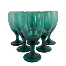 Load image into Gallery viewer, Set of six vintage Premiere dark green juniper iced tea glasses. Crafted by Libbey Glass, 1997 - 1998. The colour is absolutely fabulous and reminiscent of the deep dark delicious forest.

In excellent condition, no chips.

Measures 3 1/4 x 7 inches

Capacity 16 ounces
