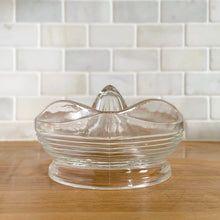 Load image into Gallery viewer, Vintage Pressed Clear Glass Citrus Juice Reamer w/ Horizontal Rib Design, Finger Handle, Anchor Hocking, USA
