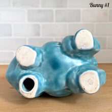 Load image into Gallery viewer, Bottom view of Price Bros Burslem England vintage 1950s aqua blue Easter bunny ceramic cottageware
