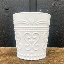 Load image into Gallery viewer, Vintage style Provenzale milk glass rocks tumbler. Crafted by Zefferano America. Makes a sweet planter or accessory organizer.

In excellent condition, no chips.

Measures 3 3/4 x 4 inches
