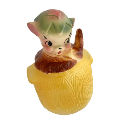 Adorable vintage, mid-century era Pup in the Pot ceramic cookie jar. Crafted by American Bisque, 1950s. A delightful addition to your cookie jar collection and kitchen decor!

In as found vintage condition, no chips, hairline fracture to the base, normal crazing commensurate with age.

Measures 6 1/2 x 6 x 11 1/2 inches