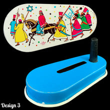 Load image into Gallery viewer, Vintage Judaica Tin Lithograph Purim Holiday Noisemaker Groggers, US Metal Toy Mftg Co., USA
