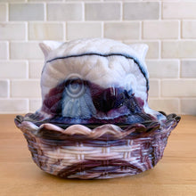 Load image into Gallery viewer, Rare vintage purple amethyst slag glass Owl-on-Nest covered bon bon dish. Crafted by LG Wright Glass, USA, 1959 - 1985. Perfect to store candies, trinkets, soap or beauty needs. Add this sweet piece of history to your glass or owl collection!  In excellent condition, no chips.  Measures 5 3/8 x 4 1/8 x 4 1/4 inches
