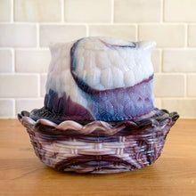 Load image into Gallery viewer, Rare vintage purple amethyst slag glass Owl-on-Nest covered bon bon dish. Crafted by LG Wright Glass, USA, 1959 - 1985. Perfect to store candies, trinkets, soap or beauty needs. Add this sweet piece of history to your glass or owl collection!  In excellent condition, no chips.  Measures 5 3/8 x 4 1/8 x 4 1/4 inches
