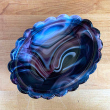 Load image into Gallery viewer, Rare vintage purple amethyst slag glass Owl-on-Nest covered bon bon dish. Crafted by LG Wright Glass, USA, 1959 - 1985. Perfect to store candies, trinkets, soap or beauty needs. Add this sweet piece of history to your glass or owl collection!  In excellent condition, no chips.  Measures 5 3/8 x 4 1/8 x 4 1/4 inches
