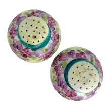 Load image into Gallery viewer, Vintage Nippon round white&nbsp; Salt and Pepper Shakers featuring a and Teal collar with gold scrolls with purple violets. Crafted in Japan, early 20th century. A pretty pair of shakers to elevate your tablescape.  In excellent vintage condition, no chips. There is one cork and the other has a plastic stopper.  Measures 2 x 2 1/4 inches
