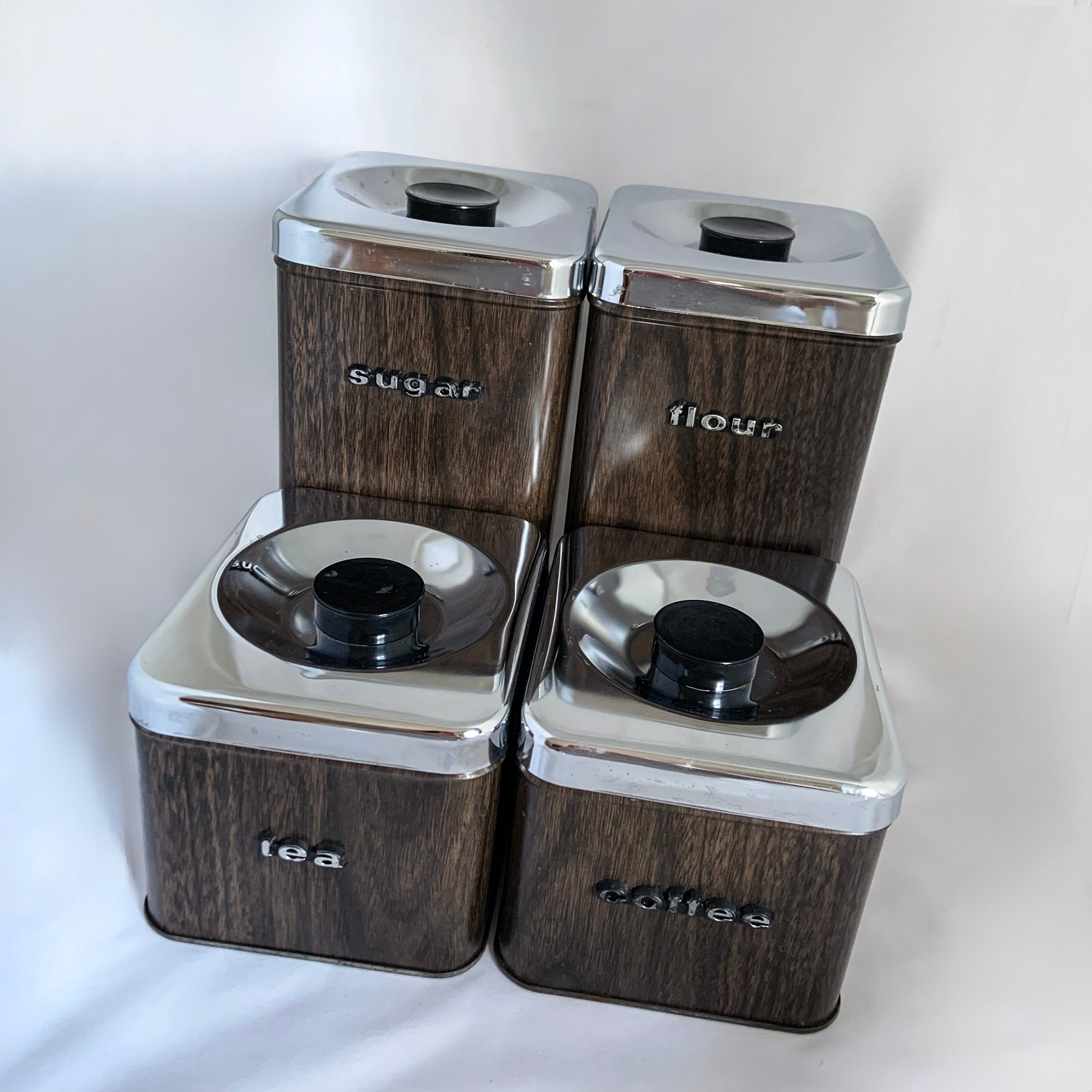 キャニスタ-セット4缶(LINCOLIN•ビンテージ Vintage Retro The Queen Line 4-Piece Faux Brown Wood Grain Metal