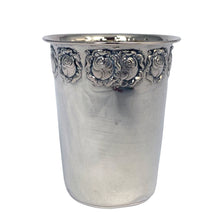 Load image into Gallery viewer, Hazorfim vintage sterling silver Kiddush cup, side view highlighting flared rim and repoussé rose band with age patina
