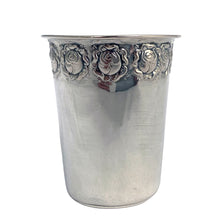 Load image into Gallery viewer, Hazorfim sterling silver Kiddush cup, front view showing embossed rose motif band, polished silver body
