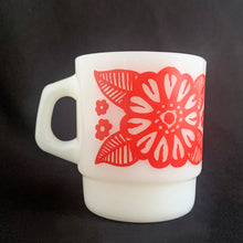 Load image into Gallery viewer, Vintage Fire-King D-Handle Milk Glass Mug w/ Red Flower Graphic, Anchor Hocking Glass Company, USA
