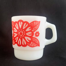 Load image into Gallery viewer, Vintage Fire-King D-Handle Milk Glass Mug w/ Red Flower Graphic, Anchor Hocking Glass Company, USA
