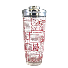 Load image into Gallery viewer, This iconic vintage mid-century glass cocktail shaker features 15 classic cocktail recipes in vivid red, accented with fruits, cocktail graphics, a measuring scale in both ounces and litres, topped with a chrome lid. Crafted by Irvinware, USA 1970s. Reclaim the pleasure of being your home&#39;s star bartender...no Googling required!

In excellent condition, no chips or wear.

Measures 3 1/2 x 9 1/4 inches

Capacity 24 ounces or .710 litres
