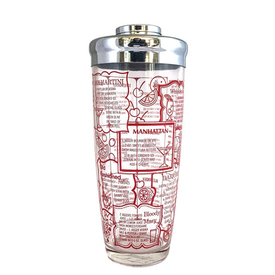 This iconic vintage mid-century glass cocktail shaker features 15 classic cocktail recipes in vivid red, accented with fruits, cocktail graphics, a measuring scale in both ounces and litres, topped with a chrome lid. Crafted by Irvinware, USA 1970s. Reclaim the pleasure of being your home's star bartender...no Googling required!

In excellent condition, no chips or wear.

Measures 3 1/2 x 9 1/4 inches

Capacity 24 ounces or .710 litres