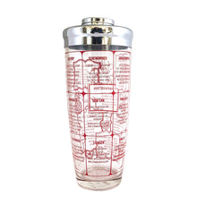 Load image into Gallery viewer, This iconic vintage mid-century glass cocktail shaker features 15 classic cocktail recipes in vivid red, accented with fruits, cocktail graphics, a measuring scale in both ounces and litres, topped with a chrome lid. Crafted by Irvinware, USA 1970s. Reclaim the pleasure of being your home&#39;s star bartender...no Googling required!

In excellent condition, no chips or wear.

Measures 3 1/2 x 9 1/4 inches

Capacity 24 ounces or .710 litres
