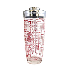Load image into Gallery viewer, This iconic vintage mid-century glass cocktail shaker features 15 classic cocktail recipes in vivid red, accented with fruits, cocktail graphics, a measuring scale in both ounces and litres, topped with a chrome lid. Crafted by Irvinware, USA 1970s. Reclaim the pleasure of being your home&#39;s star bartender...no Googling required!

In excellent condition, no chips or wear.

Measures 3 1/2 x 9 1/4 inches

Capacity 24 ounces or .710 litres
