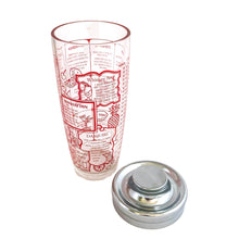Load image into Gallery viewer, This iconic vintage mid-century glass cocktail shaker features 15 classic cocktail recipes in vivid red, accented with fruits, cocktail graphics, a measuring scale in both ounces and litres, topped with a chrome lid. Crafted by Irvinware, USA 1970s. Reclaim the pleasure of being your home&#39;s star bartender...no Googling required!

In excellent condition, no chips or wear.

Measures 3 1/2 x 9 1/4 inches

Capacity 24 ounces or .710 litres
