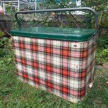 Load image into Gallery viewer, Complete your al fresco dining experience with this fantastic red, white and green plaid metal picnic cooler. There is a handle for ease of carrying and a drain for excess water. Marked on the bottom, GSW Proudly Canadian. Add this awesome nostalgic conversation starter to your family gatherings, romantic adventures or home decor!  In used vintage condition. Please see photos.  Measures 18 x 11 x 13 1/4 inches   
