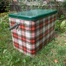 Load image into Gallery viewer, Complete your al fresco dining experience with this fantastic red, white and green plaid metal picnic cooler. There is a handle for ease of carrying and a drain for excess water. Marked on the bottom, GSW Proudly Canadian. Add this awesome nostalgic conversation starter to your family gatherings, romantic adventures or home decor!  In used vintage condition. Please see photos.  Measures 18 x 11 x 13 1/4 inches   

