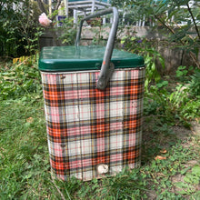 Load image into Gallery viewer, Complete your al fresco dining experience with this fantastic red, white and green plaid metal picnic cooler. There is a handle for ease of carrying and a drain for excess water. Marked on the bottom, GSW Proudly Canadian. Add this awesome nostalgic conversation starter to your family gatherings, romantic adventures or home decor!  In used vintage condition. Please see photos.  Measures 18 x 11 x 13 1/4 inches   
