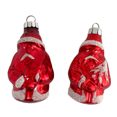 Stunning vintage red figural Santa Claus mercury glass Christmas tree ornament decorated with white sugar texture. Made in Germany. Perfect for the tree or dress up your holiday decor.

In good vintage condition. One marked, Made GDR and one unmarked.

Measures 3 1/2 inches