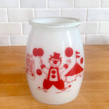 Load image into Gallery viewer, Vintage mid-century Circus Clowns white glass canister painted with red clown and circus motif. No lid. Crafted by Bartlett Collins, 1950s. A sweet sized jar to store dry goods and add whimsy to your kitchen decor.

In excellent condition, no chips.

Measures 4 x 5 1/2 inches
