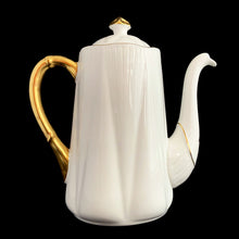 Load image into Gallery viewer, Vintage &quot;Regency&quot; fine bone China mini coffee pot and lid in white with gold gilt details. on the Dainty shape. Crafted by Shelley, England, 1945-1966. A must-have for the collector! In excellent condition, free from chips/cracks/repairs. Measures 3 1/4 x 5 7/8 inches tall (not incl. handle/spout)
