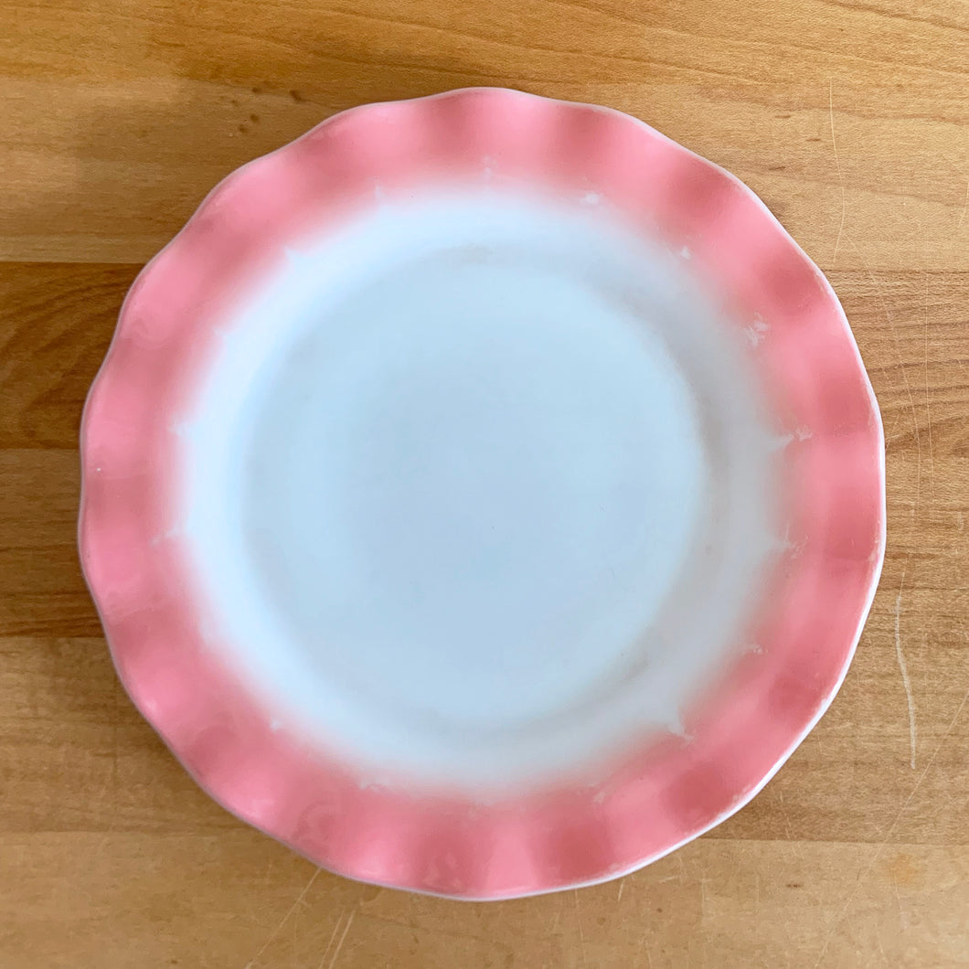 Sweet vintage mid-century era Ripple Pink aka Pink Crinoline milk glass tableware. Crafted by Hazel-Atlas Glass, USA, 1950s. The lovely tableware has a pretty ruffled pink edge on white milk glass and the cups and creamer have a beaded handle. A beautiful way to set a table! 7