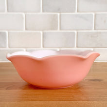 Load image into Gallery viewer, Sweet vintage mid-century era Ripple Pink aka Pink Crinoline milk glass tableware. Crafted by Hazel-Atlas Glass, USA, 1950s. The lovely tableware has a pretty ruffled pink edge on white milk glass and the cups and creamer have a beaded handle. A beautiful way to set a table! Cereal bowl. In as found vintage condition, no chips, with age-related wear.
