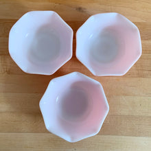 Load image into Gallery viewer, Sweet vintage mid-century era Ripple Pink aka Pink Crinoline milk glass tableware. Crafted by Hazel-Atlas Glass, USA, 1950s. The lovely tableware has a pretty ruffled pink edge on white milk glass and the cups and creamer have a beaded handle. A beautiful way to set a table! Cereal bowl. In as found vintage condition, no chips, with age-related wear.
