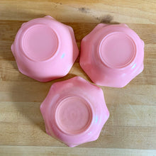 Load image into Gallery viewer, Sweet vintage mid-century era Ripple Pink aka Pink Crinoline milk glass tableware. Crafted by Hazel-Atlas Glass, USA, 1950s. The lovely tableware has a pretty ruffled pink edge on white milk glass and the cups and creamer have a beaded handle. A beautiful way to set a table! Cereal bowl. In as found vintage condition, no chips, with age-related wear.
