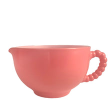 Load image into Gallery viewer, Sweet vintage mid-century era Ripple Pink aka Pink Crinoline milk glass tableware. Crafted by Hazel-Atlas Glass, USA, 1950s. The lovely tableware has a pretty ruffled pink edge on white milk glass and the cups and creamer have a beaded handle. A beautiful way to set a table! Flat Beaded Creamer. In as found vintage condition, no chips, with age-related wear.
