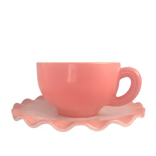Load image into Gallery viewer, Sweet vintage mid-century era Ripple Pink aka Pink Crinoline milk glass tableware. Crafted by Hazel-Atlas Glass, USA, 1950s. The lovely tableware has a pretty ruffled pink edge on white milk glass and the cups and creamer have a beaded handle. A beautiful way to set a table! Smooth Handle Cup and Saucer. In as found vintage condition, no chips, with age-related wear.
