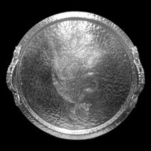 Load image into Gallery viewer, Vintage 1950s Rodney Kent hammered aluminum serving tray with embossed tulip motif and ribbon handles, Krischer Metal
