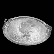 Load image into Gallery viewer, Close-up of embossed tulip pattern on Rodney Kent hammered aluminum tray showing hand-finished mid-century texture
