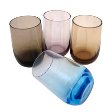 Load image into Gallery viewer, Set of four vintage multi-coloured roly poly juice or cocktail glasses in blue, purple, orange and brown—each one a little burst of retro charm. Perfect for sipping morning juice, mixing craft cocktails, or simply displaying as colourful kitchen décor.

In excellent condition, no chips.

Measures 2 x 3 1/2 inches

Capacity 5 ounces
