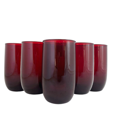 Set of six vintage mid-century modern Roly Poly Royal Ruby flat tumbler glasses. Crafted by Anchor Hocking, USA, 1950 - 1965. The perfect addition to your everyday drinkware and Christmas barware collection!

In excellent condition, no chips.

Measures 2 1/2 x 4 1/4 inches

Capacity 9 ounces