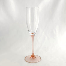 Load image into Gallery viewer, Set of six, delightful vintage Luminarc &quot;Rose&quot; pale pink stemmed champagne flute glasses. Crafted by Cristal d&#39;Arques-Durand, France, between 1991 - 2006. The prettiest glass for any special occasion or to ring in the New Year!  In excellent condition, free from chips/cracks.  Measures 2 3/4 x 8 5/8 inches
