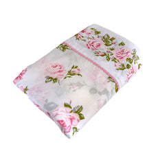 Load image into Gallery viewer, Lovely vintage &quot;Rose Romance&quot; white flat bed sheet printed with&nbsp;a pattern&nbsp;pink roses and finished with a pink lace edge. This 50% polyester / 50% cotton sheet fits a queen sized bed. Crafted by Texmade, Canada, circa mid 1970s. A beautiful addition to your bedding collection, or repurpose for crafts, quilting or garment making.  In excellent vintage condition free from stains/tears. Original label present.  Sheet measures 88 x 100 inches  Fits a queen size mattress 60 x 79 1/2 inches
