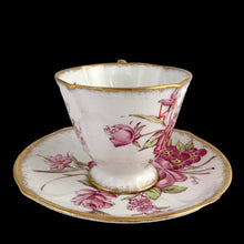Load image into Gallery viewer, Front view of vintage Roslyn China Sunningdale saucer with delicate pink floral pattern and gold rim
