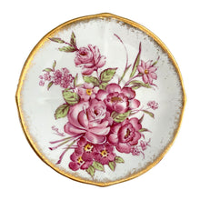 Load image into Gallery viewer, Close-up of saucer showing hand-painted pink flowers with yellow centers on Roslyn China Sunningdale pattern
