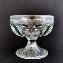 Load image into Gallery viewer, Libbey Glass Company nostalgic clear pressed glass ice cream parlour dishes in stock. They have a quintessential round paneled shape featuring a flared foot impressed basketweave pattern plus the stylized Libbey L on the bottom. Circa 1950s. Perfect for adding a nostalgic touch to desserts - a must-have for all ice cream and dessert lovers! In excellent condition, free from chips/cracks. Measures 3 3/8 x 3 inches. Capacity 4 3/4 ounces
