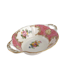 Load image into Gallery viewer, Close-up of Royal Albert Lady Carlyle pattern showing pink roses and colorful florals on bone china sweetmeat dish
