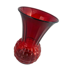 Load image into Gallery viewer, Anchor Hocking Royal Ruby pineapple trumpet vase, angled three-quarter view — deep jewel-red glass, pineapple-textured body flaring to wide trumpet rim,
