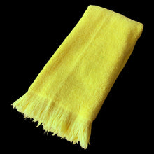 Load image into Gallery viewer, Vintage Royal Velvet lemon yellow 100% cotton terry cloth fingertip towel with fringed edges. Crafted by Fieldcrest, USA, circa 1970s. In excellent used condition, free from stains/tears. Measures 10 1/2 x 17 1/2 inches
