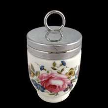 Load image into Gallery viewer, Close-up of Bournemouth Rose pattern showing pink and blue blossoms, and green leaves on Royal Worcester porcelain egg coddler
