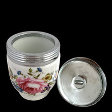 Load image into Gallery viewer, Top view of vintage egg coddler showing underside of chrome lid with ring handle and Bournemouth Rose decoration
