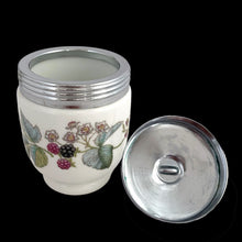 Load image into Gallery viewer, Top view of vintage egg coddler showing underside of chrome lid with ring handle and Lavinia blackberry decoration
