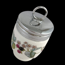 Load image into Gallery viewer, Top angled view of vintage egg coddler showing chrome lid with ring handle and Lavinia blackberry decoration
