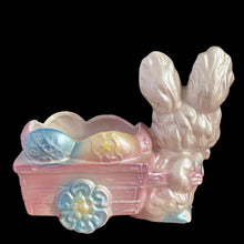 Load image into Gallery viewer, Back view of vintage Rubens Originals bunny planter displaying pink, blue, yellow and white lustreware glaze finish
